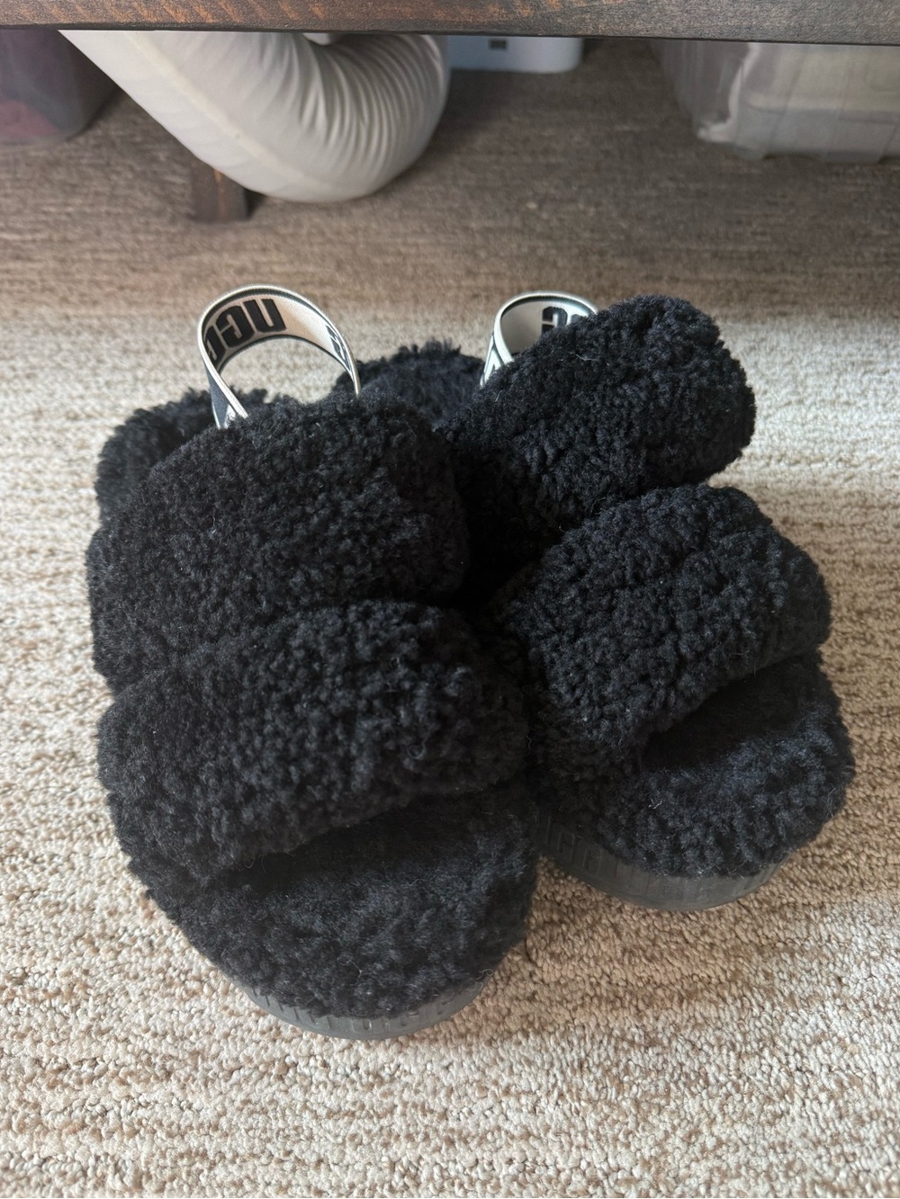 UGG Black Fuzz Strap Slide Sandals